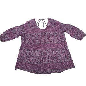 🔥Sale - Maurices Burgundy Sheer Peasant Tunic Geometric Pattern Blouse Size 2